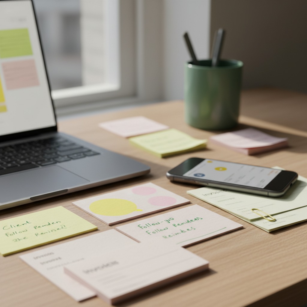 Bright realistic desk with client notes and sales follow up planning